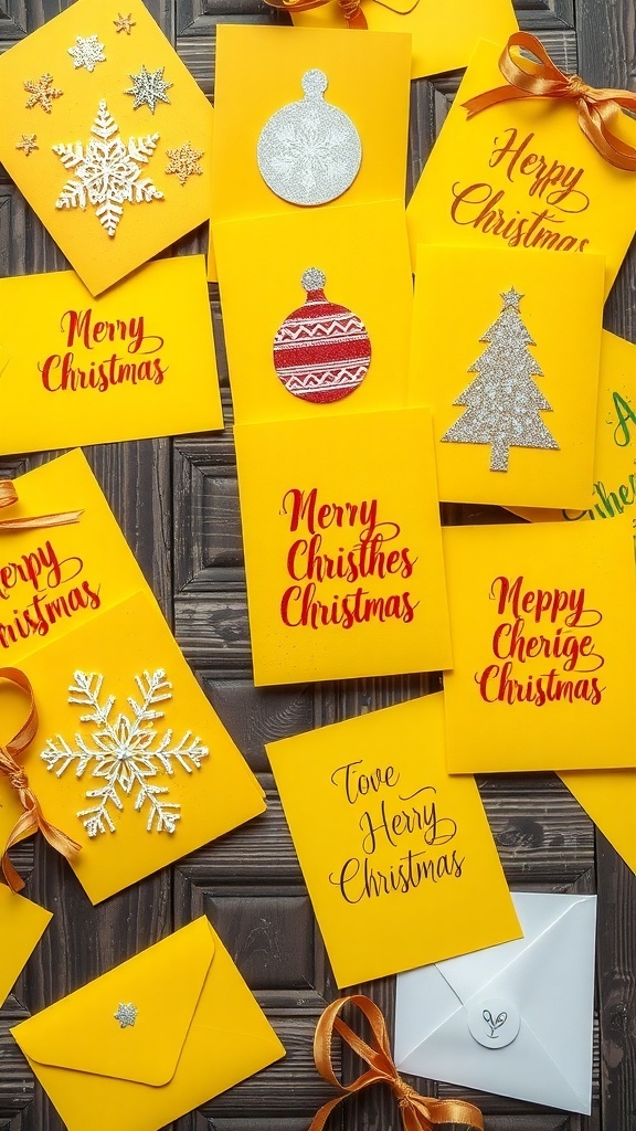 A display of colorful yellow Christmas cards with festive designs on a wooden table.